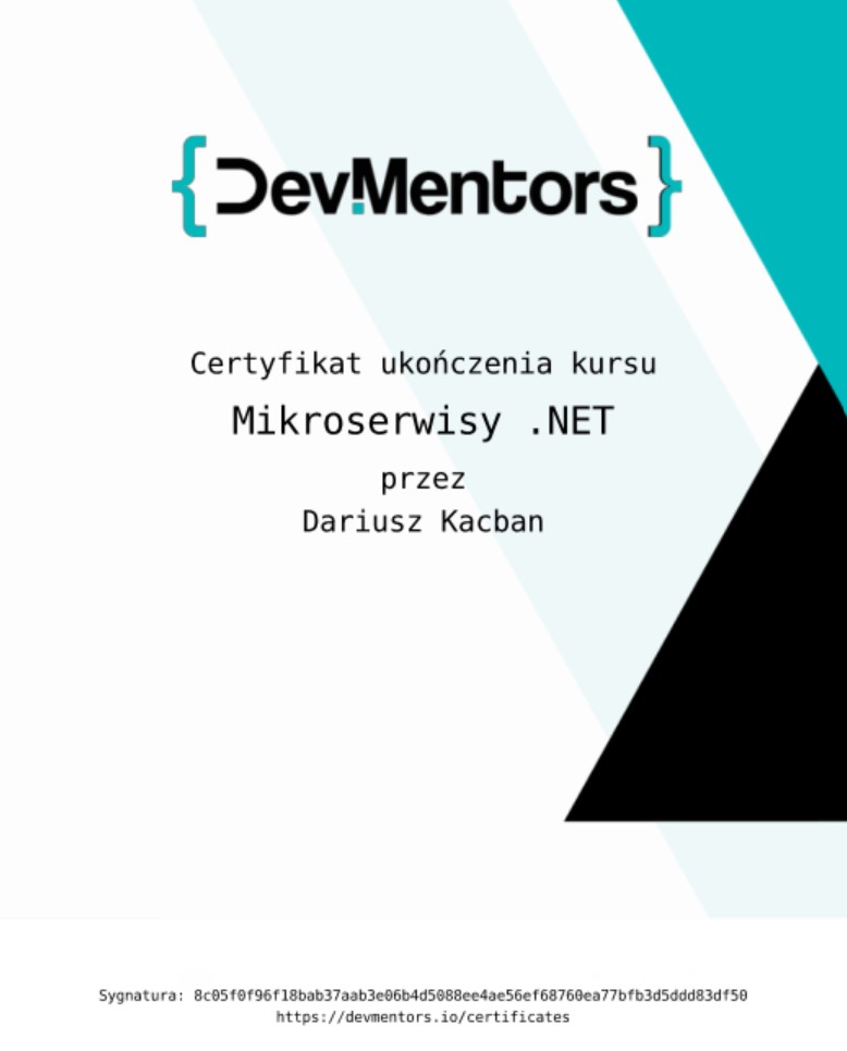 Mikroserwisy .NET Dariusz Kacban certyfikat